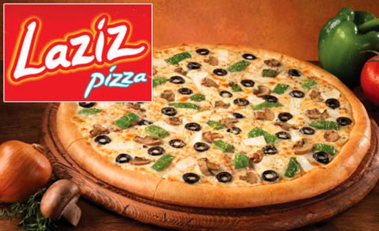 Image: Laziz Pizza logo featuring stylish typography in red and black colors. A freshly baked pizza with a variety of toppings including cheese, olives, and bell peppers, presented on a round pizza tray.Top pizza franchise in India - Laziz Pizza.