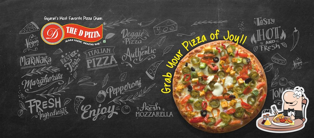 Image: The D Pizza logo featuring bold black and yellow typography. A freshly baked pizza with an array of toppings such as sausage, onions, and green peppers, served on a round pizza tray.