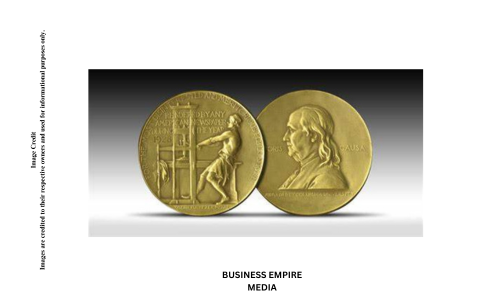 The Pulitzer Prize medal, a round gold medal featuring an image of a female figure representing history and a scroll in one hand, and a torch in the other. 