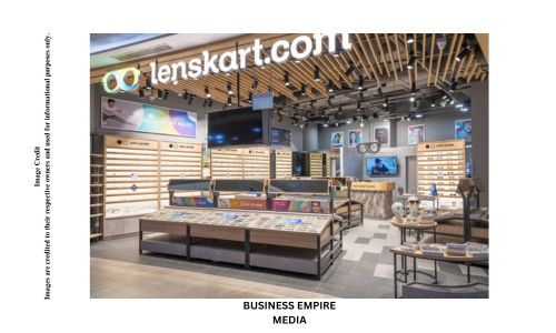 Lenskart store showcasing a variety of eyeglasses and sunglasses, with modern, stylish frames displayed on shelves and counters.