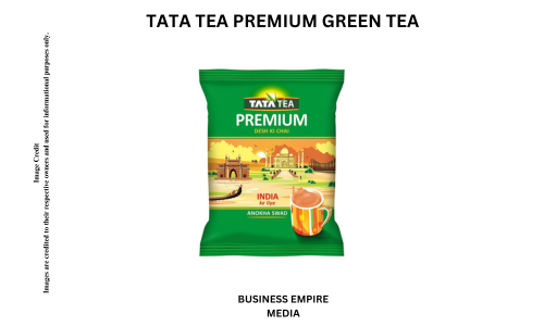 Packaging of Tata Tea Premium Green Tea featuring a sleek design and logo. The image highlights the product's premium quality and classic green tea blend, showcasing its commitment to freshness and taste.