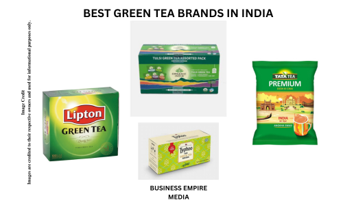 "Image showcasing best green tea brands in India, including Tata Tea Premium Green Tea, Organic India Tulsi Green Tea, Lipton Green Tea, Typhoo Green Tea, Green Tea by Tea Trunk, Gaia Green Tea, and The Tea Shelf Green Tea.