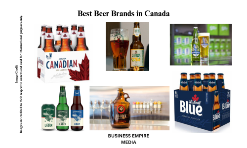 Bottles and cans from the Best Beer Brands in Canada, including Alexander Keith's, Molson Canadian, Labatt Blue, and Steam Whistle, displayed on a table.