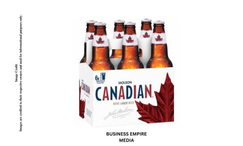 A bottle of Molson Canadian beer with its distinctive red label and white logo, set against a neutral background. The bottle features the classic design associated with this popular Canadian lager.