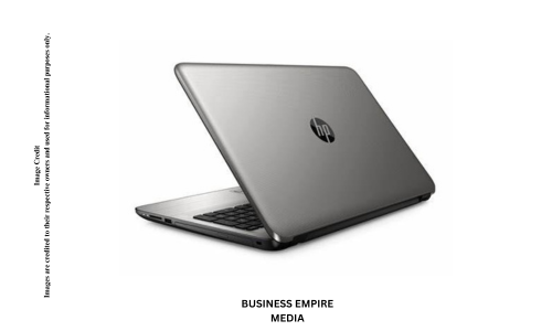 HP laptop with a sleek silver chassis and the HP logo on the lid. The laptop is open, displaying a full-sized keyboard and a vibrant, high-resolution screen.